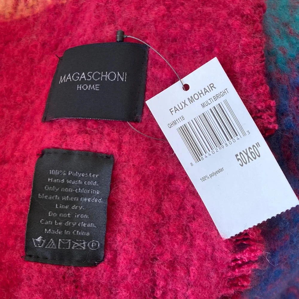NWT Magaschoni jewel tone fall plaid faux mohair fringe throw blanket